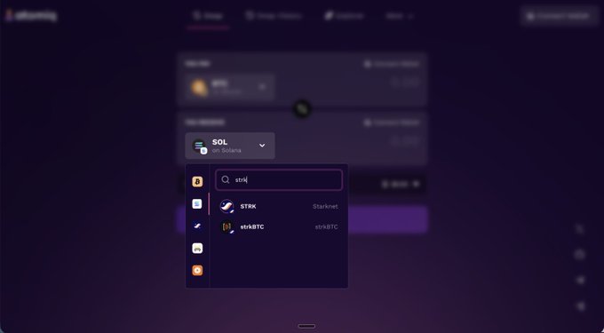 A dark-mode cryptocurrency exchange interface showing a search dropdown menu with a user typing 'strk,' revealing results for STRK (Starknet) and srnBTC tokens against a SOL on Solana background.