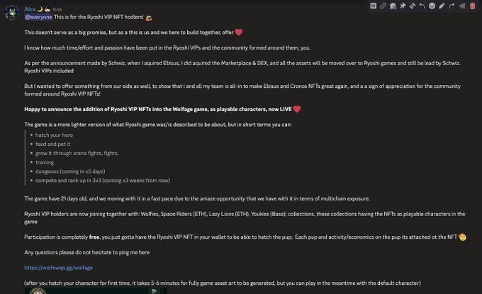 The image shows a screenshot of an email or message displayed on a computer screen, possibly from a social media platform like Twitter. The content appears to be written in a text format with emojis used for emphasis. The main focus of the image is the words "wolfswap.gg/wolfage". This phrase is likely related to the post about Wolf's War Room or something similar on Twitter, as indicated by the screenshot.