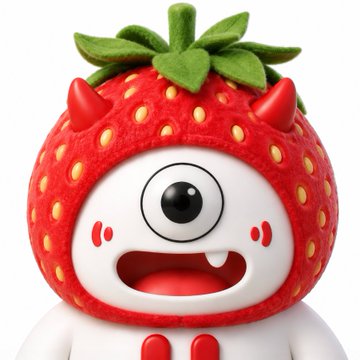 A 3D-rendered cartoon character with a single large eye wearing a red strawberry costume with green leafy top and small red devil horns.