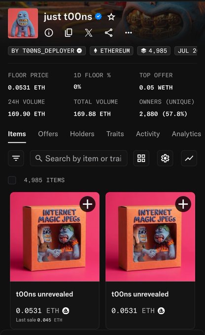 The image shows a screenshot of the "just t00ns" NFT collection on OpenSea, displaying 4,985 items with a floor price of 0.0531 ETH, a 24-hour volume of 169.90 ETH, and 2,880 unique owners, with two "t00ns unrevealed" listings priced at 0.0531 ETH each.

This directly supports the post's claim of "170 ETH volume in almost 24hrs after mint with a steady floor price," as the 169.90 ETH 24-hour volume confirms the strong trading activity, while the maintained floor price of 0.0531 ETH demonstrates price stability shortly after minting.