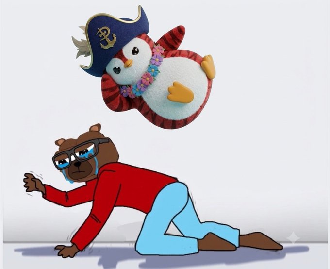 A cartoon illustration showing a crying bear wearing glasses, a red shirt, and blue pants crawling on the floor, while a small owl wearing a pirate hat and a flower lei floats above it.