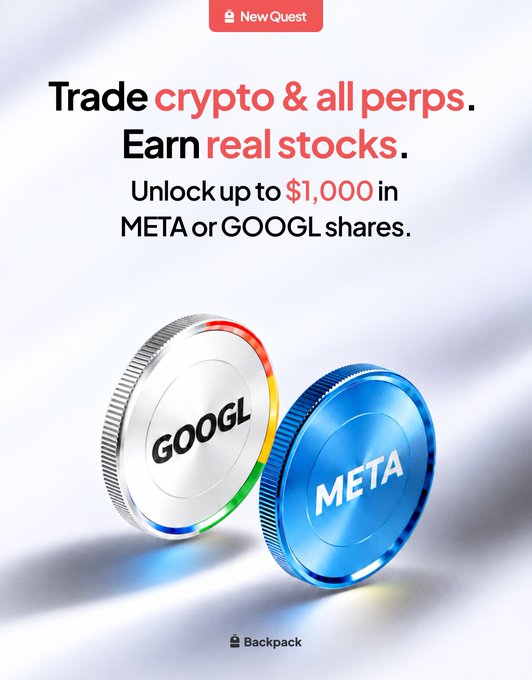 A promotional graphic featuring 3D-rendered GOOGL and META branded coins with the text "Trade crypto & all perps. Earn real stocks. Unlock up to $1,000 in META or GOOGL shares," promoting a Backpack exchange campaign (NewQuest #1010) offering stock rewards for crypto trading activity.