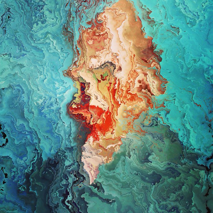 An abstract digital painting featuring fluid, marbled textures in vibrant shades of turquoise, red, orange, and green.