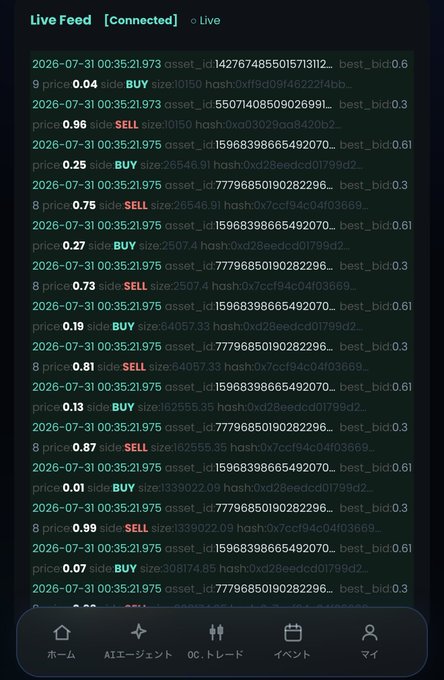 A mobile app displaying a live feed of cryptocurrency market data, showing rapid-fire BUY and SELL orders for asset ID 15968398665492070 with best bid prices fluctuating around 0.25-0.27 and corresponding trade executions. The screenshot relates to the ORCA token announcement, capturing the real-time trading activity as the project announces a major Shibuya Crossing billboard advertisement campaign starting August 3rd, suggesting the news may be influencing the increased order flow and bid activity shown in the feed.