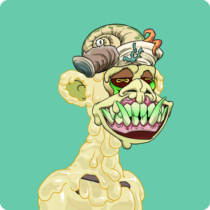 A cartoon illustration of a grotesque, slime-covered character with green-tipped fangs, wearing a bandana and gas mask pushed up on its head, set against a teal background.