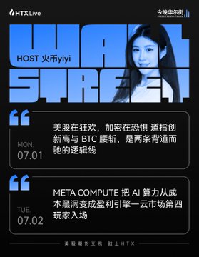 This is a promotional graphic for "HTX Live" hosted by 火币yiyi, featuring a stylized portrait of a woman on a dark background. It highlights two weekly insights: "MON 07.01" noting US stocks and crypto indexes hit new highs while BTC sees consolidation in a two-way oscillating trend, and "TUE 07.02" highlighting META COMPUTE's pivot to computing power as a profit engine with cloud market's fourth major player entering. The graphic ties directly to the post's recap of "Tonight's Wall Street," showcasing AI, BTC, and US stock market discussions from that week's HTX live stream.
