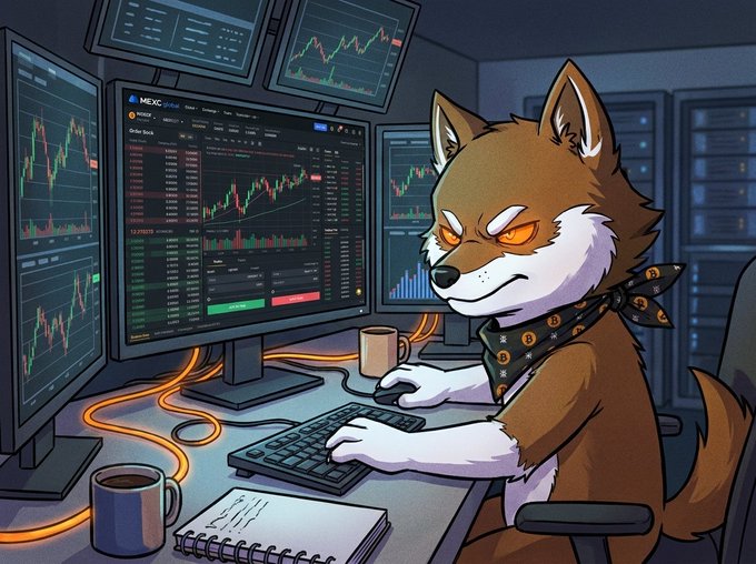 An anime-style illustration of a serious-looking Shiba Inu dog wearing a bandana, intensely trading on a computer with multiple screens showing charts.