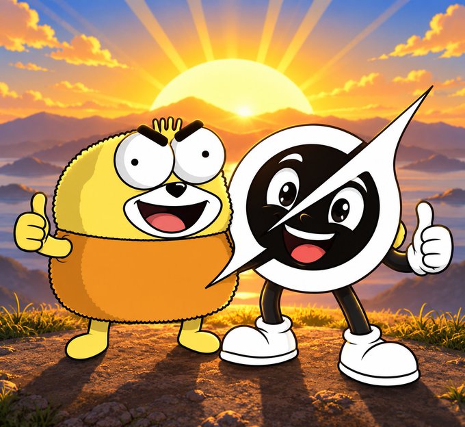 Two cartoon characters—a fuzzy yellow creature and a white circle with a diagonal line (resembling the Grok logo)—stand on a mountaintop at sunrise, both smiling and giving thumbs up. The image plays on the "GM" (good morning) crypto greeting, with the characters posed as cheerful best friends echoing the poster's request for @grok to respond.