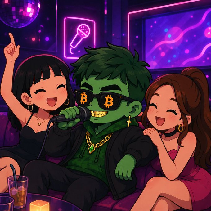 A green-skinned cartoon character wearing Bitcoin sunglasses and a gold chain sings into a microphone at a neon-lit karaoke lounge, flanked by two laughing women. The image humorously captures the fleeting thrill of a 300% gain that felt like partying in a VIP room, but the $19 liquidity means the celebration is just karaoke with an empty wallet—technically rich, practically trapped.
