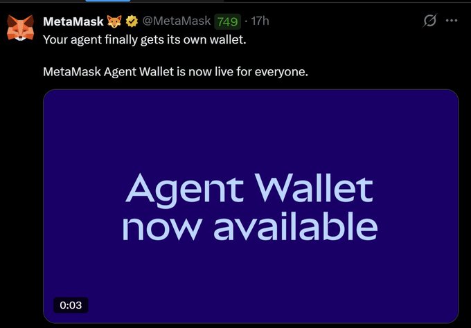 A tweet from MetaMask (@MetaMask) announces 'Your agent finally gets its own wallet' and 'MetaMask Agent Wallet is now live for everyone,' accompanied by a blue graphic reading 'Agent Wallet now available.'