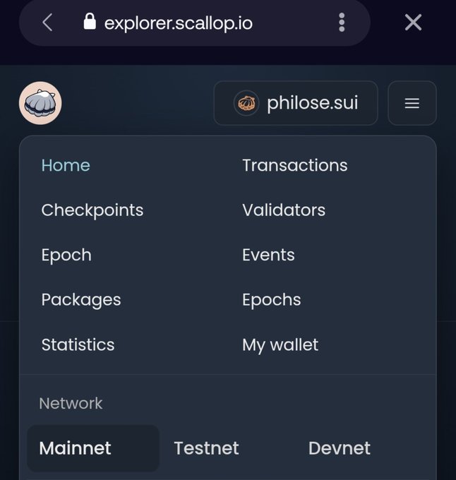A mobile screenshot of the Sui blockchain explorer at 'explorer.scallop.io' on the philose.sui network, showing a navigation menu with options like Home, Transactions, and Validators.