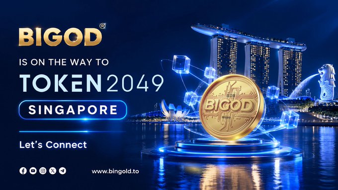 A promotional graphic for 'BIGOD' announcing it is on the way to 'TOKEN 2049 SINGAPORE,' featuring a gold coin, the Marina Bay Sands skyline, and the website 'www.bingold.to.'