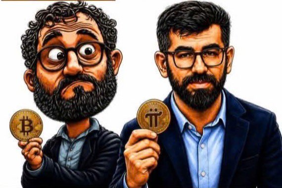 A stylized digital illustration shows a comical, exaggeratedly big-headed bearded man holding a Bitcoin coin on the left alongside a serious, refined businessman holding a Pi (Pi Network) coin on the right, visually representing the post's debate over whether BTC or PI will dominate cryptocurrency's next era.