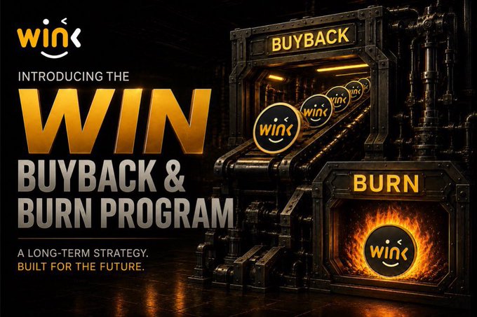 An advertisement for the 'WIN' cryptocurrency featuring a 'Buyback & Burn Program' with industrial machinery labeled 'BUYBACK' and 'BURN' processing WIN tokens, with text 'A LONG-TERM STRATEGY. BUILT FOR THE FUTURE.'
