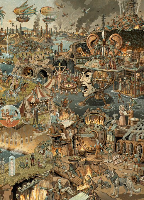 A detailed fantasy illustration depicts a sprawling steampunk-like world filled with airships, mechanical contraptions, crowds of tiny figures, and surreal architecture.