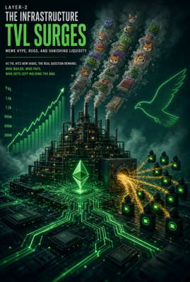 Crypto-themed illustration titled 'LAYER-2: THE INFRASTRUCTURE TVL SURGES' with subtitle text mentioning meme hype, buzz, and vanishing liquidity, featuring a factory and green upward chart.