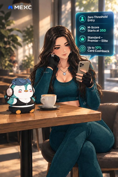 A stylized digital illustration shows a woman in a teal outfit sitting at a café table beside a penguin mascot, with the MEXC logo in the corner and a callout box highlighting "Zero Threshold Entry," "M-Score Starts at 350," "Standard – Premier – Elite," and "Up to 10% Card Cashback." The image visually reinforces the post's message that MEXC's VVIP relaunch removes traditional VIP barriers, letting users join the Standard tier with just a 350 M-Score—no large balance or trading volume required upfront.