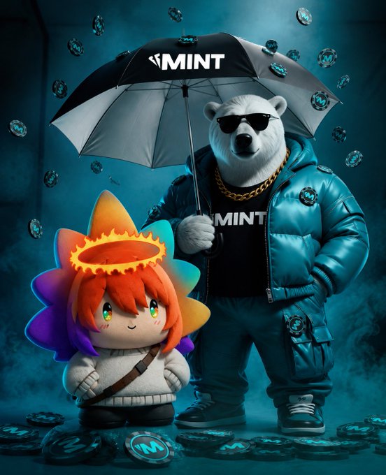 Digital artwork featuring a bear mascot in sunglasses and puffy jacket holding a MINT-branded umbrella, standing beside a colorful cartoon character with a halo, surrounded by floating MINT cryptocurrency tokens.
