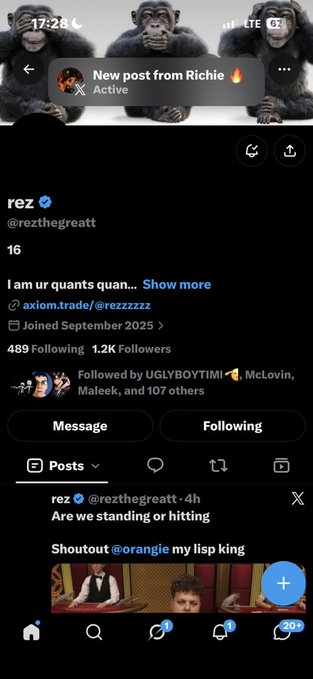 A screenshot of the X (formerly Twitter) profile for user @rezthegreatt with a header showing three chimpanzees, displaying their post 'I am ur quants quan...' and another post asking 'Are we standing or hitting'.