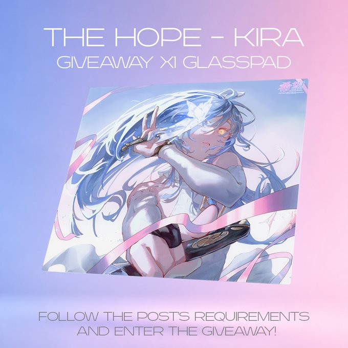 Promotional graphic for the "The Hope – Kira Glasspad" giveaway by Fluxaim, featuring anime artwork of a blue-haired character on a glasspad against a purple and pink gradient background, with instructions to follow @fluxaim, retweet, like, and tag a friend to enter by September 3rd.
