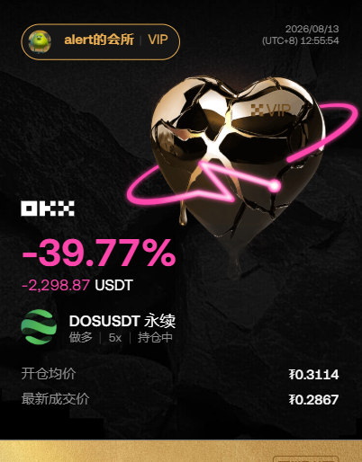 A stylized graphic from "alert的会所" dated 2026/08/13 shows a dramatic trading loss on OKX: the user's long position (5x leverage) on the contract **DOSUSDT** is down **-39.77% (-2,298.87 USDT)**, with an entry price of **₿0.3114** and the latest mark at **₿0.2867**. The image visually emphasizes the painful drawdown, matching the post's tone of needing a call-auction recovery to achieve a "Grand Slam" comeback on $DOS.