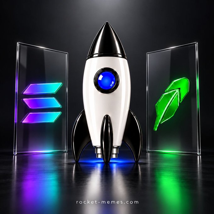 A 3D render of a white and black rocket between two glowing screens displaying purple/blue arrows and a green Solana logo, with "rocket-memes.com" text below.