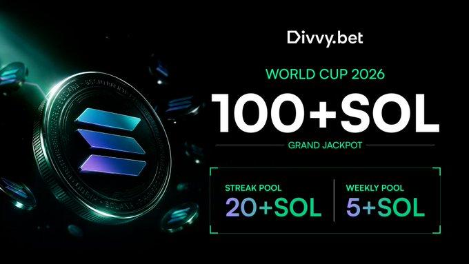 The image features a poster for a casino game called "Divvy Bet 100+SOL". The poster displays a green coin with blue and purple symbols, which are the main elements of the game. It also includes text that reads "World Cup 2026", "100+SOL Grand Jackpot Weekly Pool", "2 SOL each in the first weekly draw", and "I told you so." This information suggests that the game is a form of poker where players can win 100+SOL if they claim early, while those who claim late might hear "I told you so." The poster aims to attract potential players by showcasing the exciting features of the game.