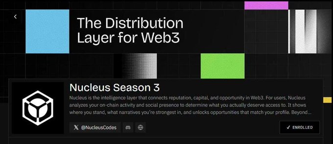 The image shows a promotional banner for Nucleus Season 3 on "The Distribution Layer for Web3" platform, branded as "The Distribution Layer for Web3," featuring the @NucleusCodes handle and an "ENROLLED" status button.

The banner relates to the post by highlighting Nucleus as a web3 platform where features like $AURA function as platform currencies rather than standalone tradable tokens, fitting the "Season 3" framework mentioned in the caption.