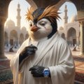 An AI-generated image of an anthropomorphic penguin character wearing white robes with a golden halo, standing in an ornate white architectural setting.