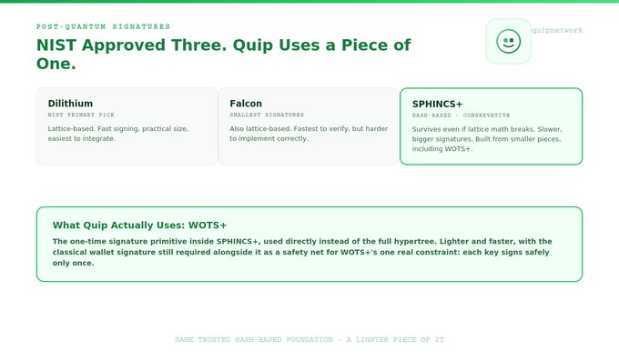An informational graphic titled "NIST Approved Three. Quip Uses a Piece of One." explains post-quantum signatures, comparing Dilithium, Falcon, and SPHINCS+, and highlighting WOTS+.