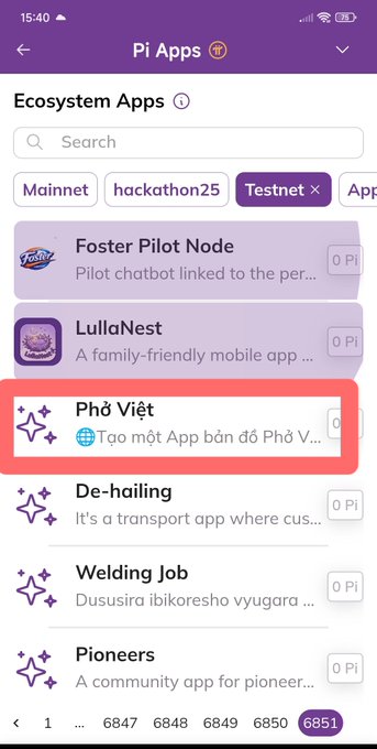 A screenshot of the Pi Apps ecosystem page showing a list of apps, with a red rectangle highlighting the "Phở Việt" app that is described as "Tạo một App bản đồ Phở V..."
