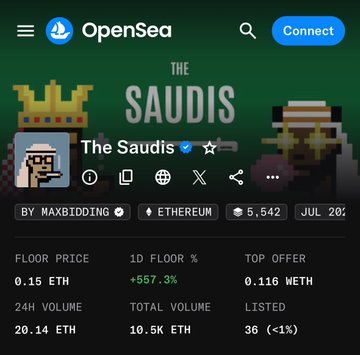 A screenshot of an OpenSea NFT collection page for 'The Saudis' by MAXBIDDING on Ethereum, showing a floor price of 0.15 ETH and 24h volume of 20.14 ETH.
