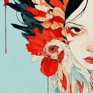 An artistic illustration featuring a rooster's head with vibrant red and blue feathers blending into a woman's face on the right side, set against a light blue background with a red drip element.