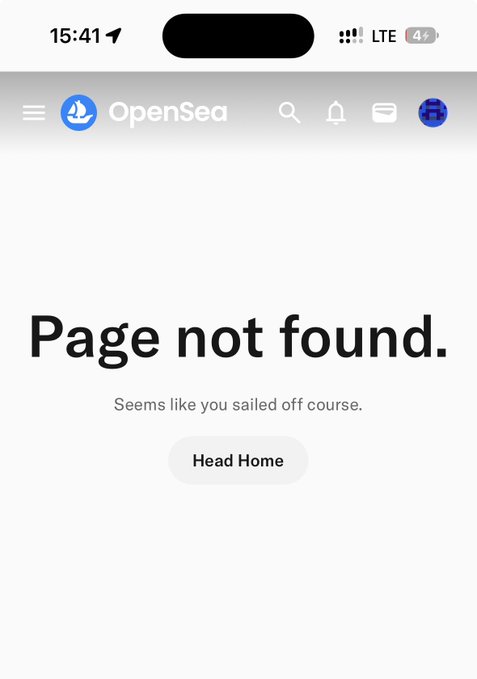 A mobile screenshot of the OpenSea app displaying a 'Page not found' error with the message 'Seems like you sailed off course.'