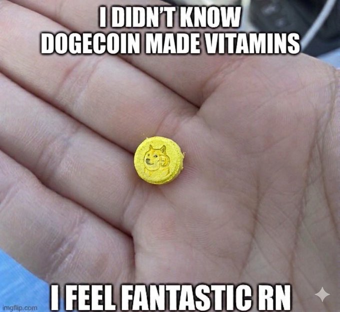 A meme showing a Dogecoin held in an open palm with text reading "I DIDN'T KNOW DOGECOIN MADE VITAMINS" at the top and "I FEEL FANTASTIC RN" at the bottom, joking about the Dogecoin cryptocurrency acting as a supplement.
