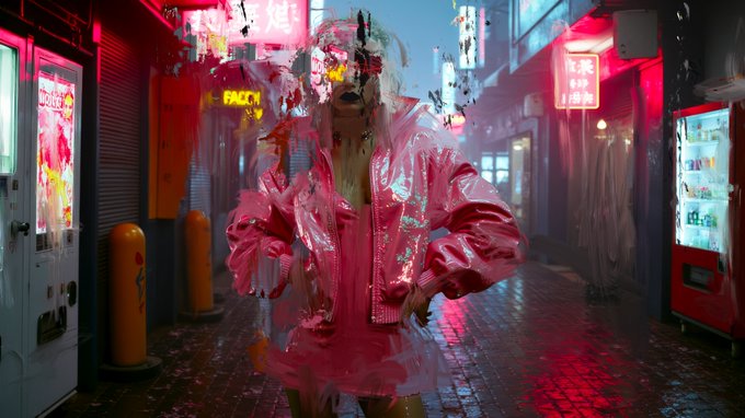 A figure in a pink vinyl jacket and skirt stands in a neon-lit alleyway with a digital glitch effect distorting their face, surrounded by Japanese signage and vending machines.