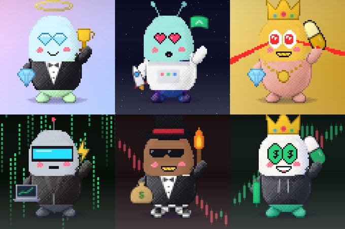 A grid of six cartoon crypto-themed characters on various colored backgrounds, each holding items like diamonds, money bags, and candles, with some featuring cryptocurrency logos or pixelated sunglasses.