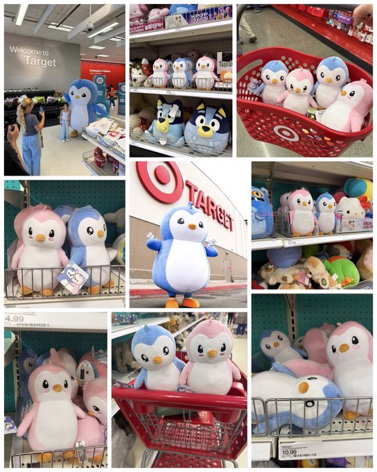 A collage of Target store photos showing various Squishmallow penguin plushies in blue, pink, and white colors displayed on shelves and in shopping baskets.