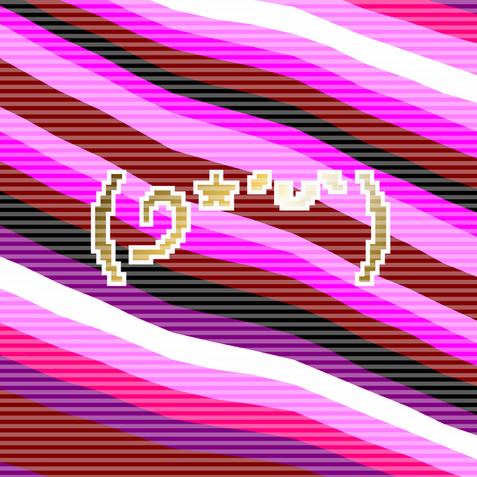 A distorted, glitchy image with wavy pink, magenta, and dark red stripes containing the text "(o_o)" rendered in pixelated, cream-colored characters.