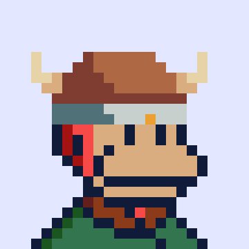 A pixel art character portrait of a figure with dark skin, brown hair, and tan horns, wearing a green outfit against a light blue background.