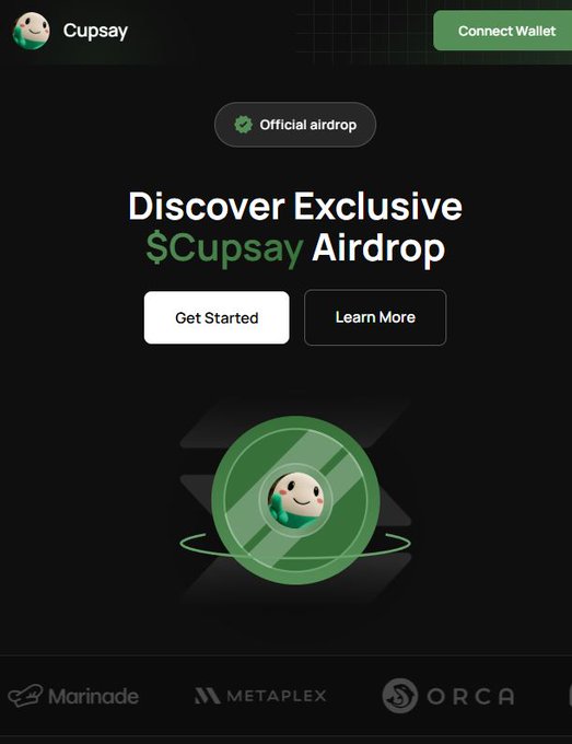 Promotional landing page for "Cupsay" featuring an "Official airdrop" badge, a "Connect Wallet" button, "Discover Exclusive $Cupsay Airdrop" headline, and partner logos for Marinade, Metaplex, and Orca.