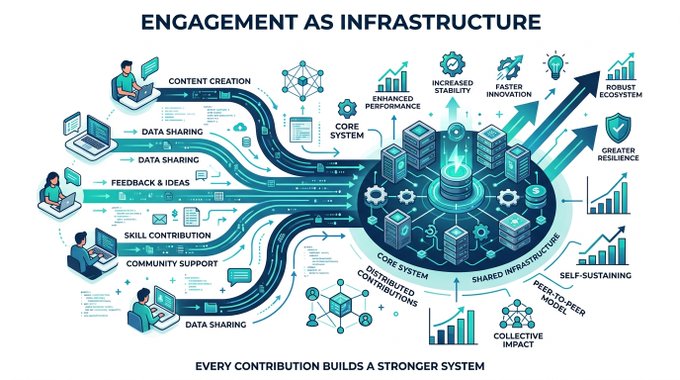 The image features a large, colorful diagram that illustrates the concept of "Engagement as Infrastructure" using various elements such as people working with computers, data sharing, and social media platforms. The diagram also includes icons representing different aspects of engagement, like data sharing, collaboration, and community support. The post emphasizes the importance of creating involvement in technology-based systems to build strong networks and foster a sense of community among users.