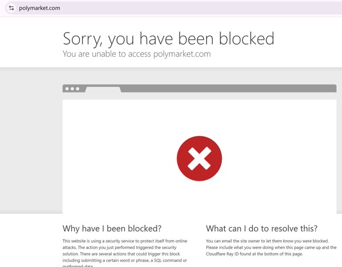 A Cloudflare block page on polymarket.com stating 'Sorry, you have been blocked' due to a triggered security solution like a SQL command or word phrase.
