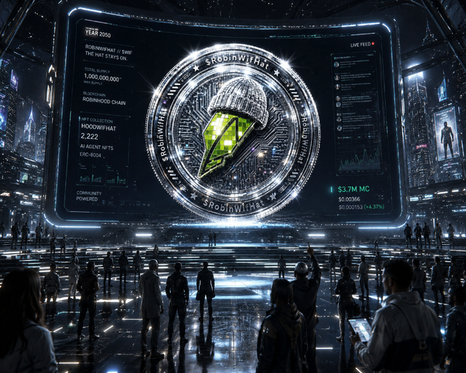 A futuristic sci-fi scene depicting a large holographic display showing cryptocurrency/token information for "$ROBINWHAT" with statistics including $3.7M value and total supply of 1,000,000,000, while silhouetted figures watch in a dark arena.