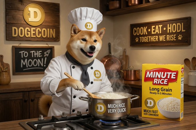 A Shiba Inu chef in a Dogecoin-branded uniform stirs a steaming pot labeled "D MUCH RICE VERY QUICK" alongside a Minute Rice box, playing on the "Let $DOGE cook" phrase to humorously suggest the cryptocurrency "cooking" with rising momentum. Wall signs reading "DOGECOIN," "COOK • EAT • HODL — TOGETHER WE RISE," and "TO THE MOON!" reinforce the playful crypto-hype theme.