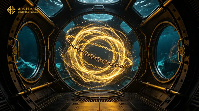 A glowing golden chain forms an intricate sphere inside a metallic, futuristic chamber with circular windows, featuring the "ARK | DeFAI" logo and the text "Code the Future" in the upper left corner. The image visually represents the post's theme of unlocking AI accessibility, with the luminous chain symbolizing the interconnected intelligence and execution of the Arkie AI App and the broader ARK ecosystem.