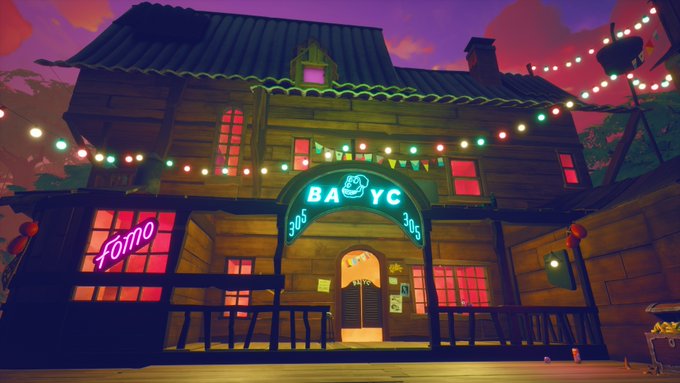 A stylized animated illustration of a wooden building at night, decorated with string lights and bunting. The neon signs read "BA 30s 30s YC" on the arched entrance and "FOMO" on the side window.