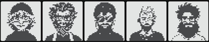 Five pixelated, monochromatic portrait icons in a row, each depicting a different stylized character with varying hairstyles, facial hair, and expressions. The pixel art characters visually represent the "normies" referenced in the post, likely serving as NFT profile images from the collection the author has been researching and purchasing.