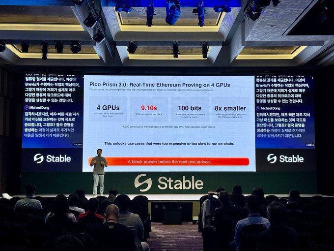 A presenter speaks at a 'Stable' event showing a slide titled 'Pico Prism 3.0: Real-Time Ethereum Proving on 4 GPUs' with key stats: 4 GPUs, 9.10s, 100 bits, 8x smaller, alongside Korean translation by Michael Dong.