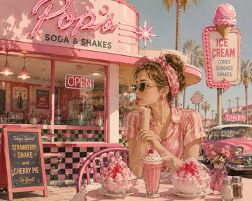 A vibrant 1950s-style pink retro diner illustration titled 'Pop's Soda & Shakes' featuring a woman in a pink dress enjoying a milkshake, with a menu advertising strawberry shakes and cherry pie.